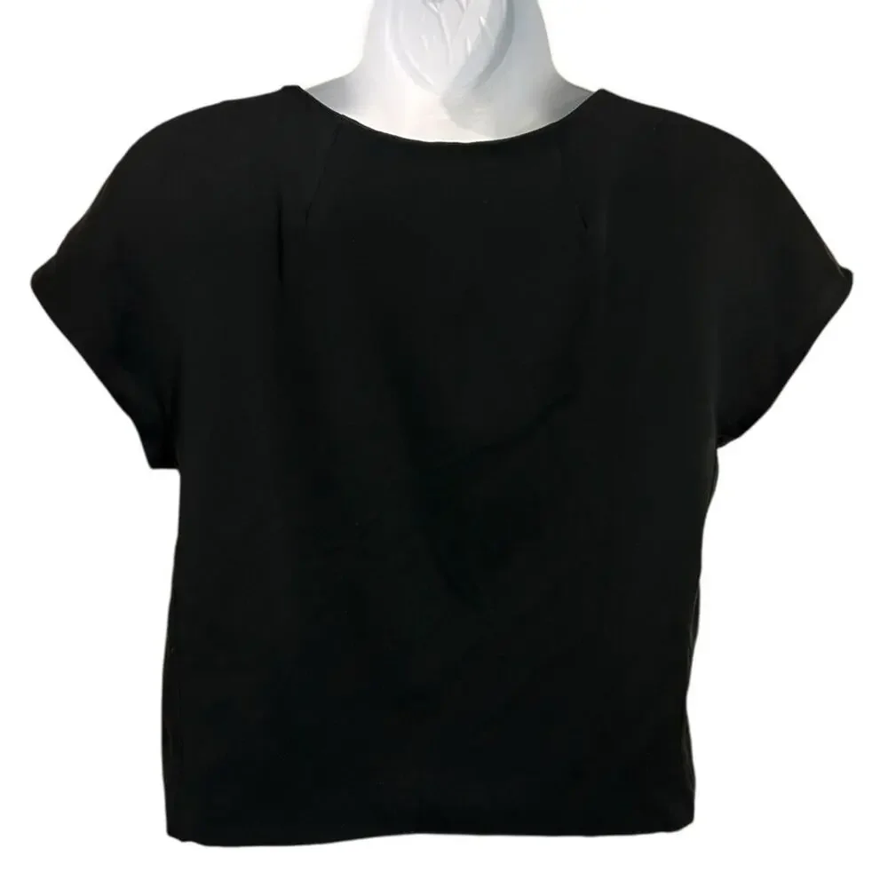 MILLY Black Crop V-Neck Blouse Sz 4 Silk Minimalist Fashion Ruffle Top Classic